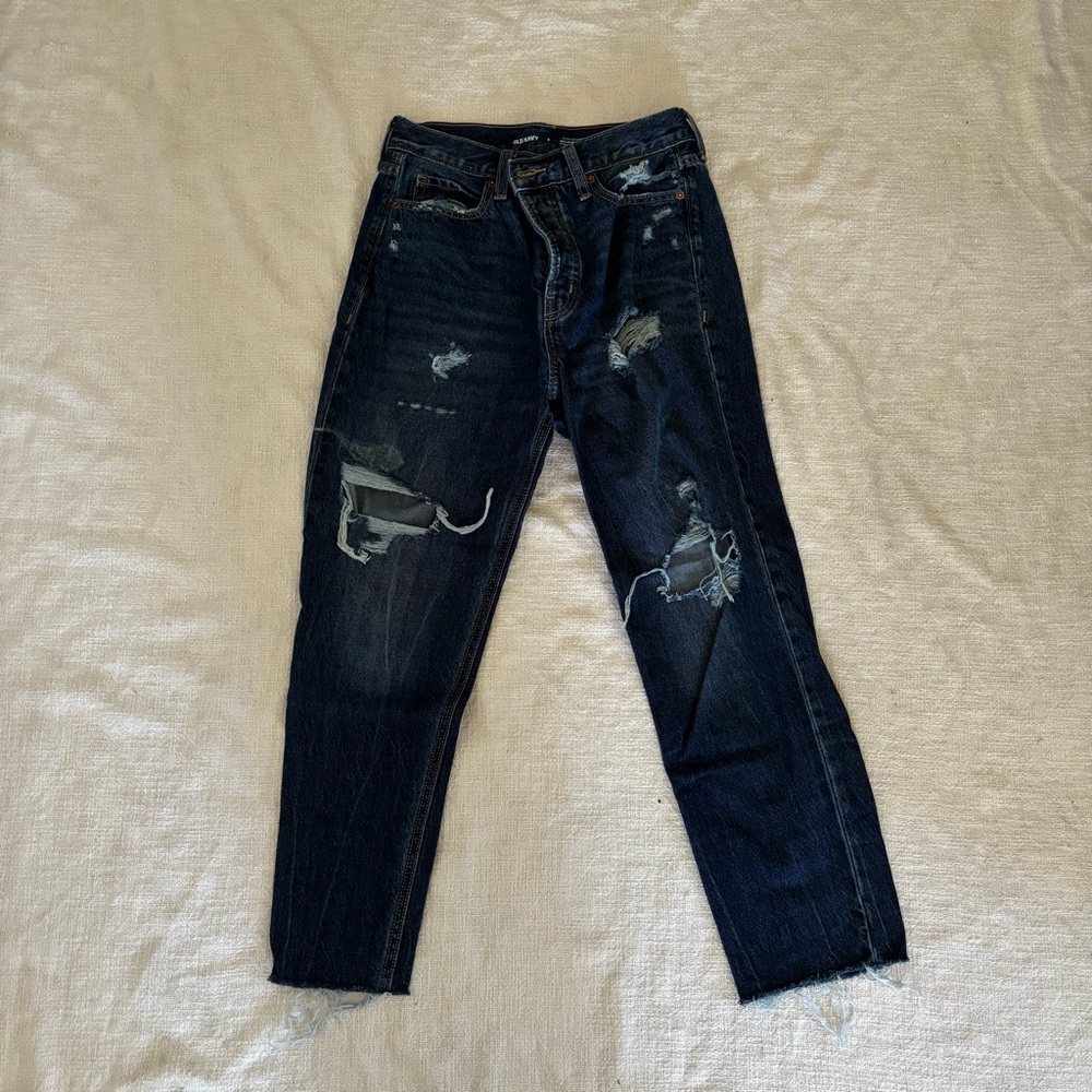 Old Navy Sky Hi Straight Distressed Dark Blue Jeans